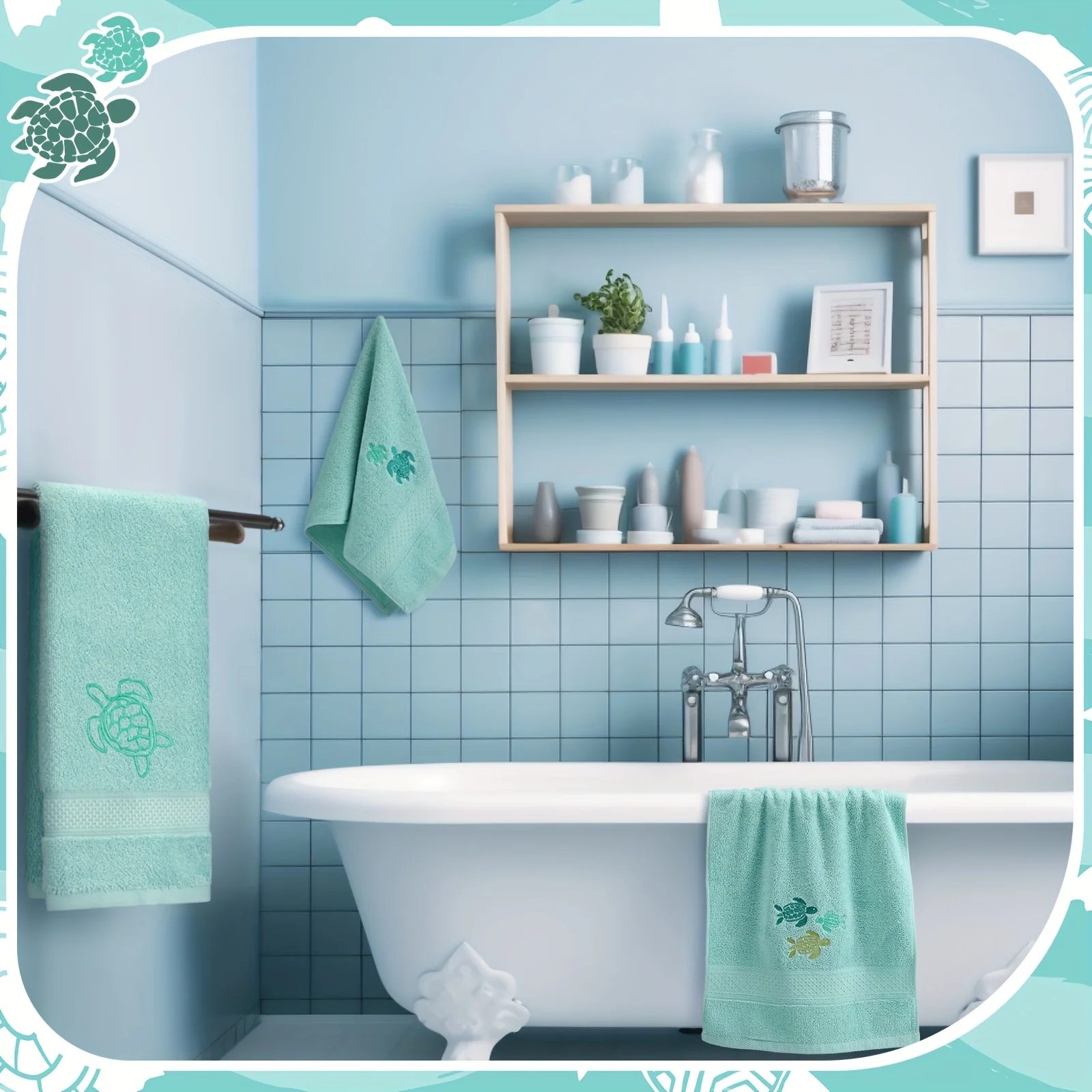 

Набор из 3 махровых полотенец с вышивкой морских черепах, 100% хлопок, 35 х 75 см, мягкие, впитывающие (зеленые, морские черепахи)