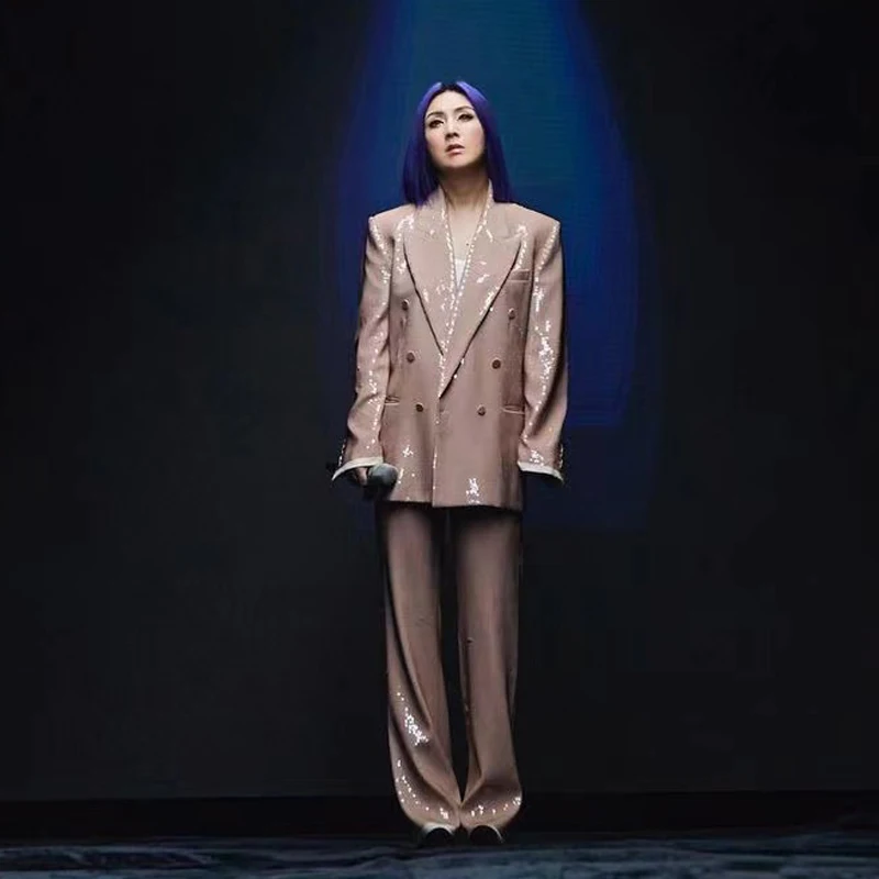 Nude Pink Sequined Suit Women Double Breated Shining Long Sleeve Party Banquet Dress Fashion Runway Jacket