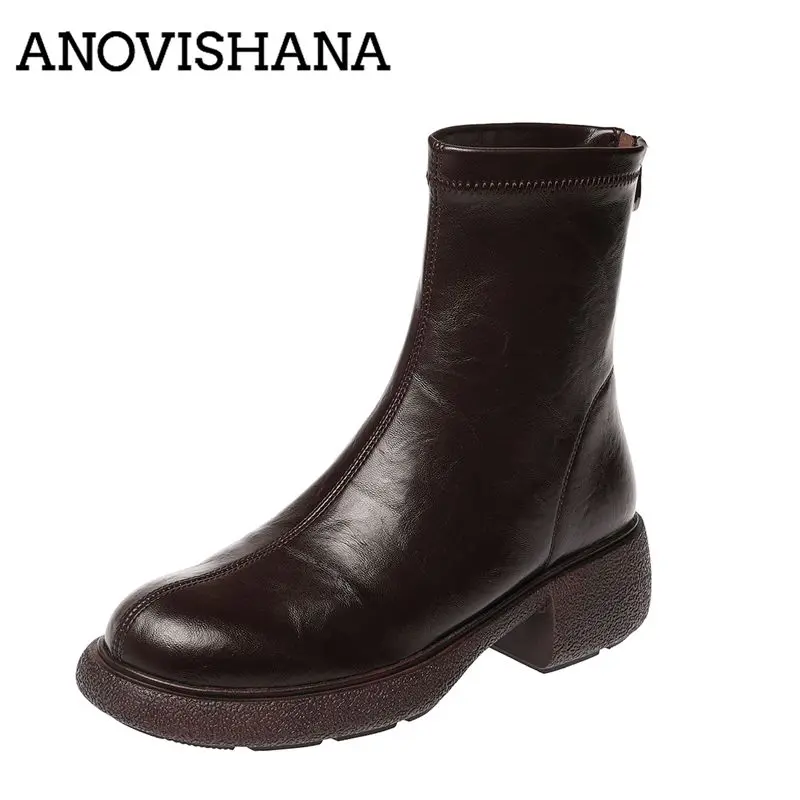ANOVISHANA Elegant Women Stretch Boots Round Toe 5cm Block Heel Zipper Handmade Casual Daily Ankle Botas Short Tube Shoes Autumn