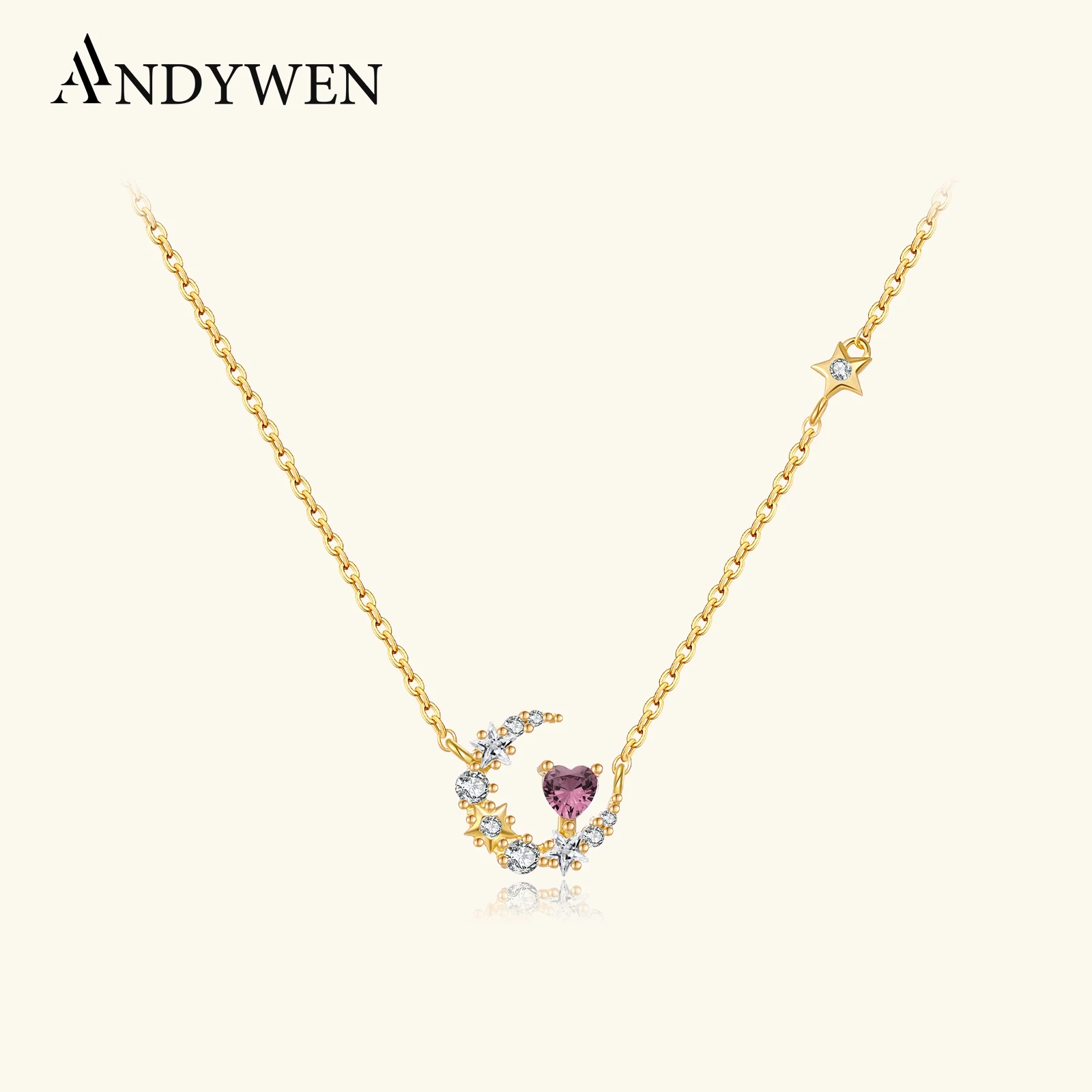 

ANDYWEN стерлингового серебра 925 пробы, звезда, луна, в форме сердца, родолит, циркон, CZ, ожерелье, романтическое мечтательное сказочное ювелирное изделие, подарок для женщин