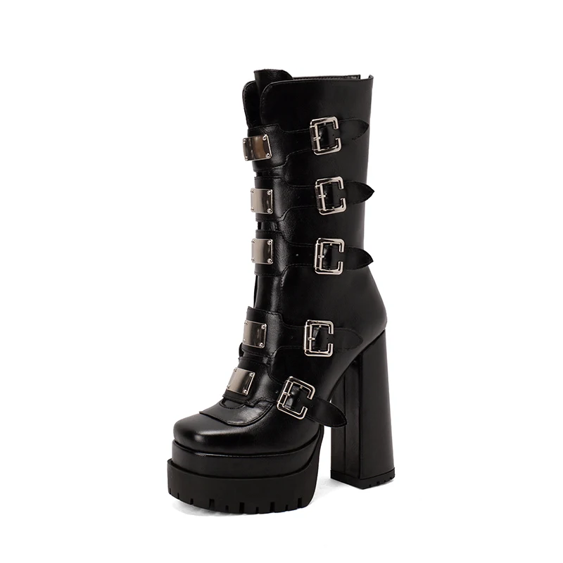 Punk Gothic Solid Black Multi-buckle Strap Designer Women's Winter Warm Shoes Western Platform Block High Heels Mid-calf Boots