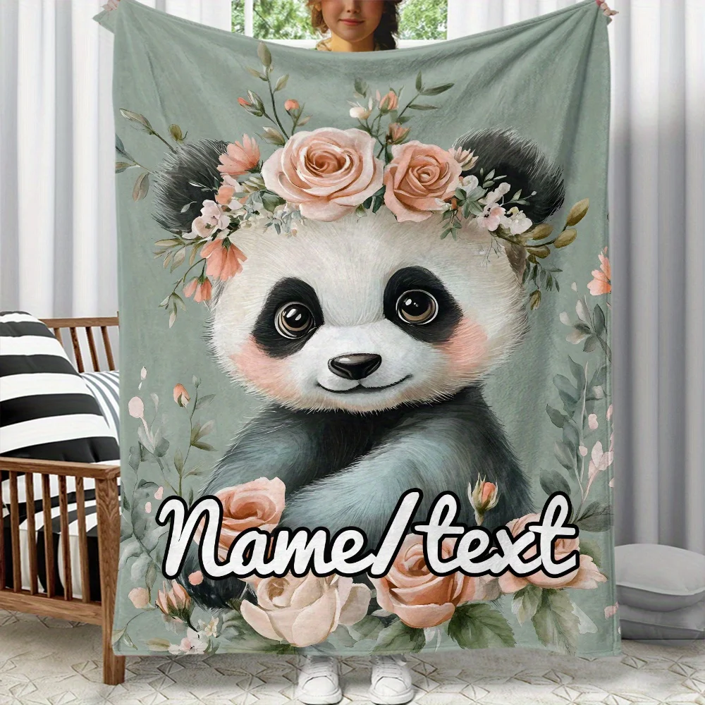 1 Stück individuelle Flanelldecke mit Panda-Girlande, weiches, leichtes Polyester mit bezauberndem Panda-Blumenmuster, personalisierte Namensoption