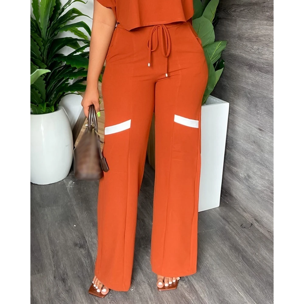 Summer Women Contrast Paneled V-Neck Short Sleeve T-shirt Top & High Waist Pants Set Causal Streetwear New In Suit 2024