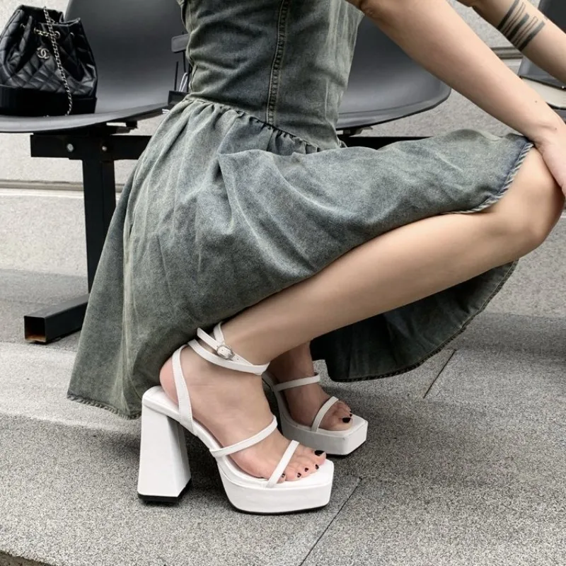 Summer High Heel Open Toe Sandals Women Waterproof Platform Frmale Shoes Cross Strap Roman Square Head Thick Bottom Sandales