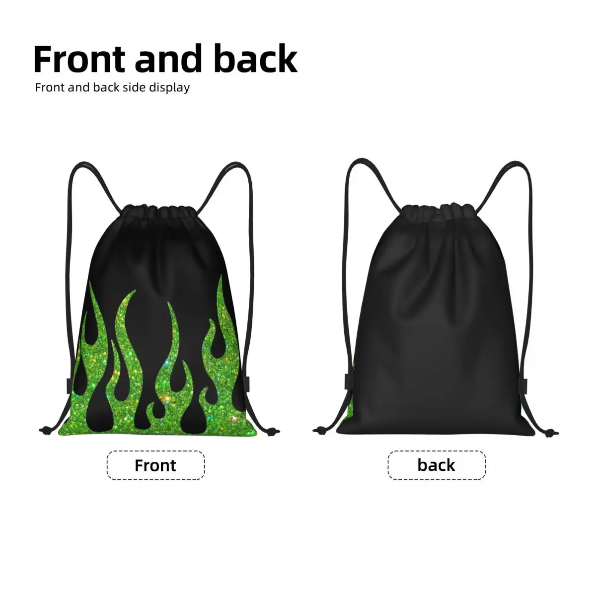 Custom Green Glitter Flames Drawstring Bags for Training Yoga Backpacks Men Women Vintage Fire Aesthetic Sports Gym Sackpack