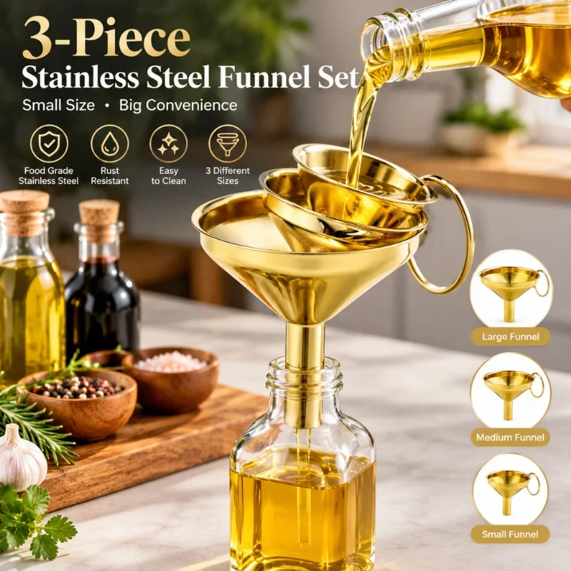 3pcs Stainless Steel Funnel Kitchen Oil Drain Multi-functional Wine Strainer Mini Small Mouth Large Bore Funnel Set