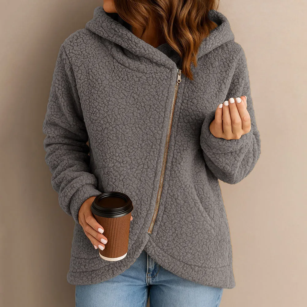 

Женская теплая толстовка с длинными рукавами и молнией спереди, повседневная пушистая куртка-свитшот для осенних и зимних мероприятий