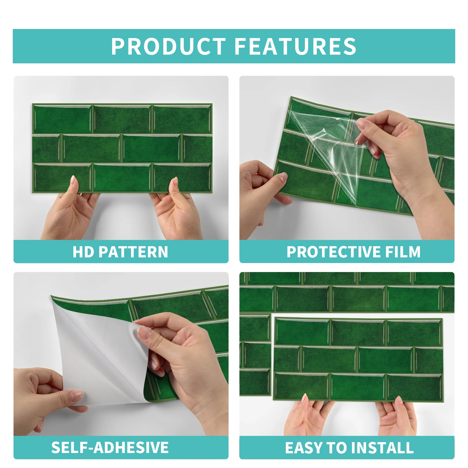 Deep green ceramic tile wall stickers, self-adhesive antique ceramic tile wallpaper, kitchen and bathroom waterproof stickers