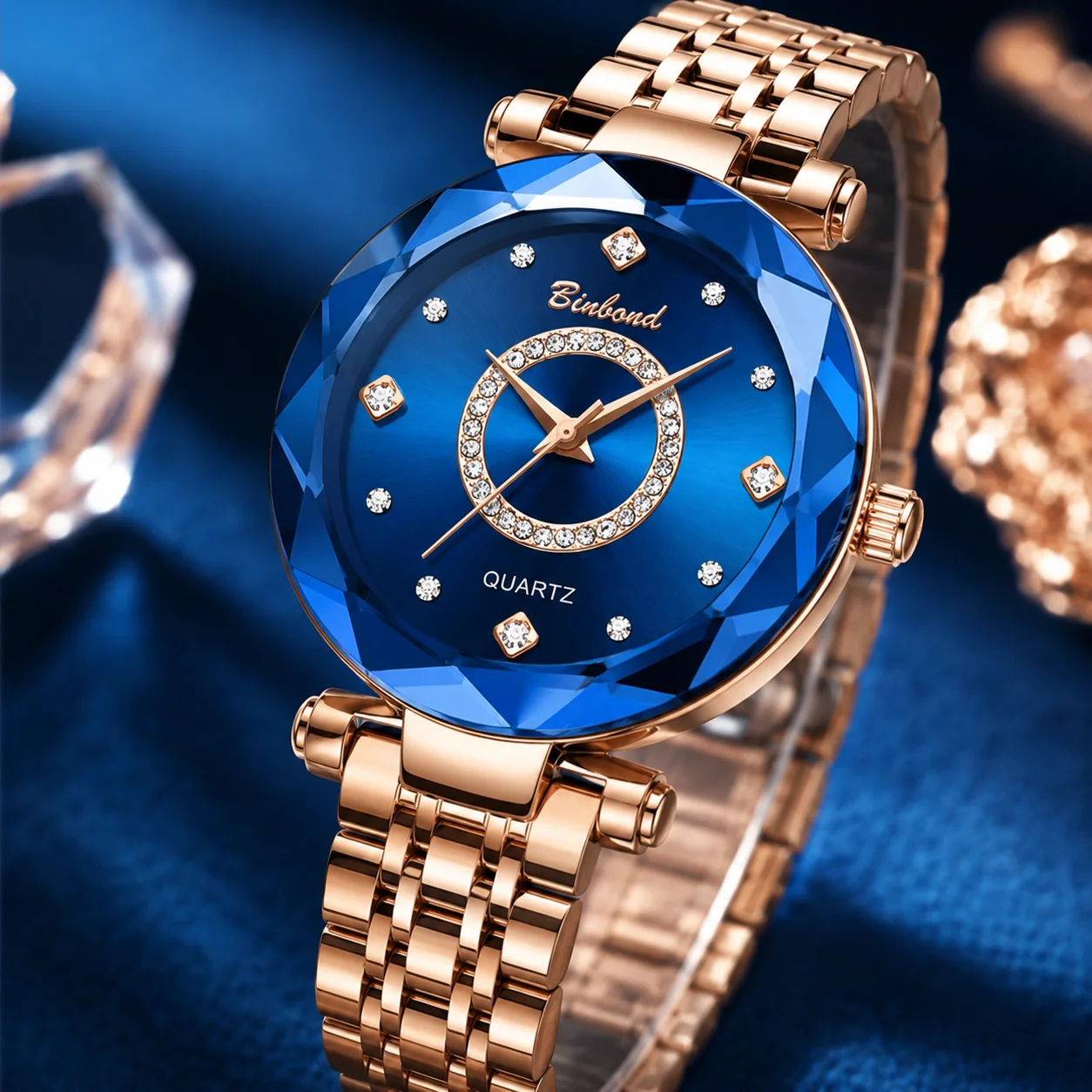 

Women's Quartz Watch, Blue Faceted Dial, Rose Gold Metal Bracelet, Crystal Accents, Fashion Wristwatch
