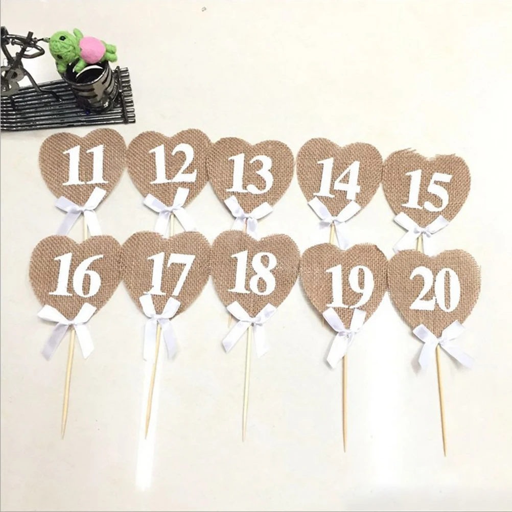 

20 Pcs Heart Shaped Wedding Table Number Cards Seat Place Seating Cards Rustic Burlap Khaki Elegant Retro Banquet Supplies