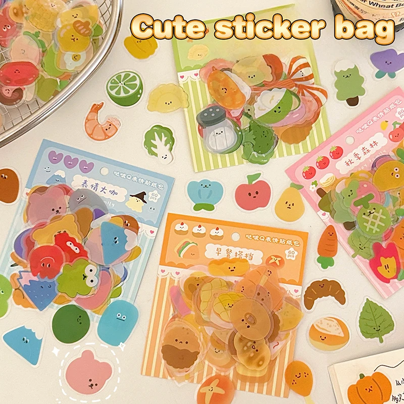 60Pcs Cute Cartoon Stickers Transparent PVC Waterproof Sticker Laptop Scrapbooking Stationery DIY Decoration Decals