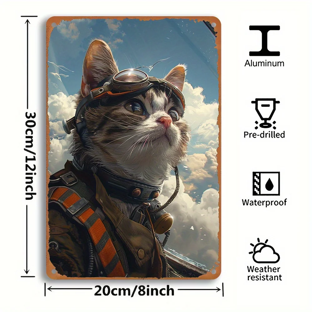 1 STÜCK Schrullige geflügelte Katze Pilot Metall-Eisen-Schild – antike Fluggesellschaft Kitty Wandkunst Eisen Heimdekoration für Wohnzimmer Café Geschenke