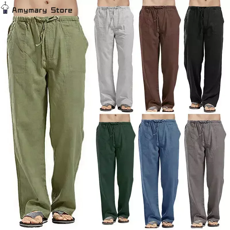 Men Linen Slacks Straight Solid Color Casual Lace-up Elastic Waist Pants Soft Breathable Light Hip-hop Pants Plus Size For Male