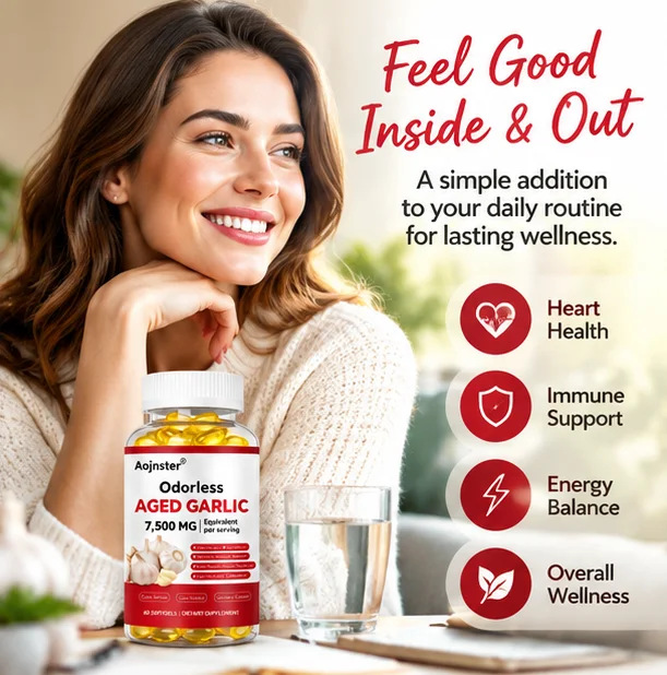 Natural Aged Garlic Softgels Odorless Formula, 7500mg Per Serving, Easy to Swallow Garlic Supplement, 60 Softgels