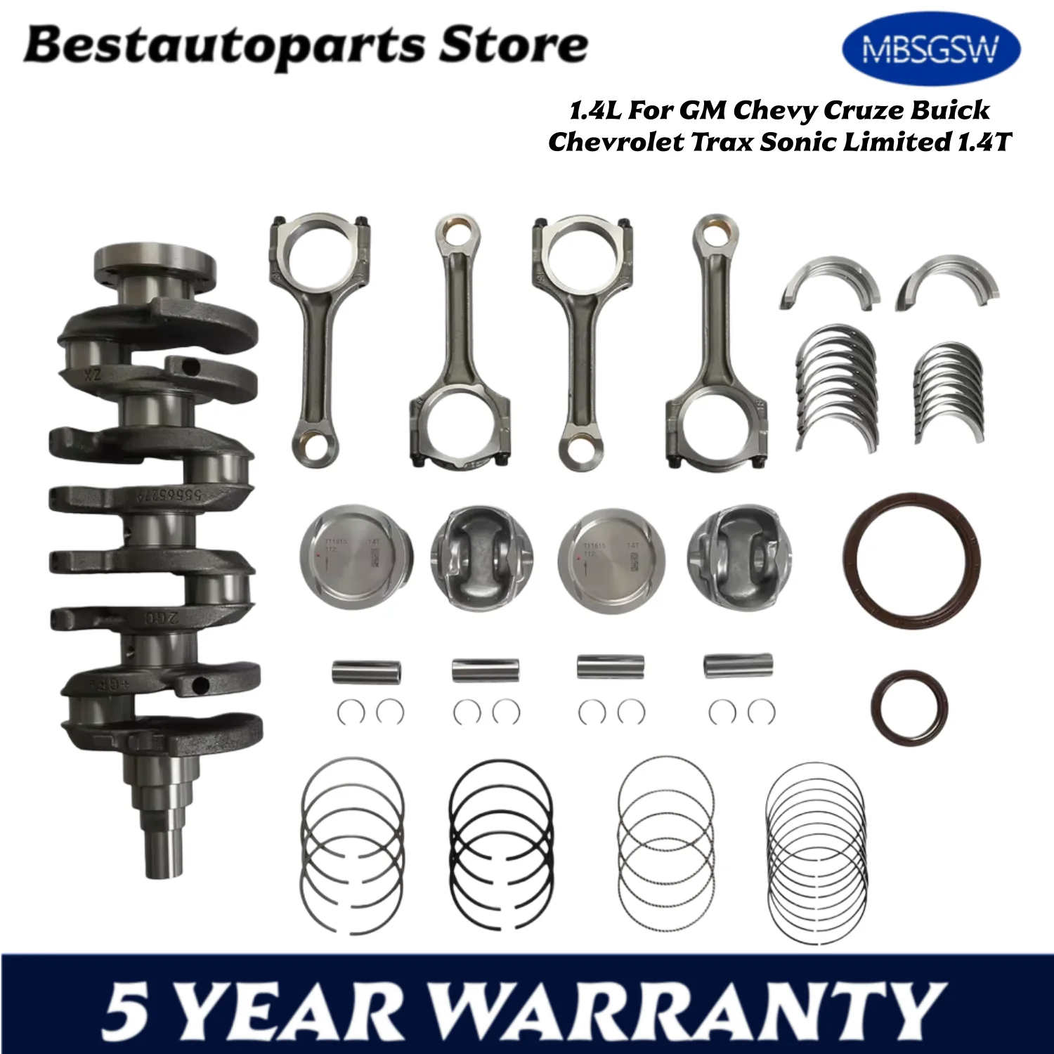 Kit de pistón de cigüeñal para reconstrucción de motor, bielas de rodamiento compatibles con 1,4 l para GM Chevy Cruze Buick Chevrolet Trax Sonic Limited 1,4 T