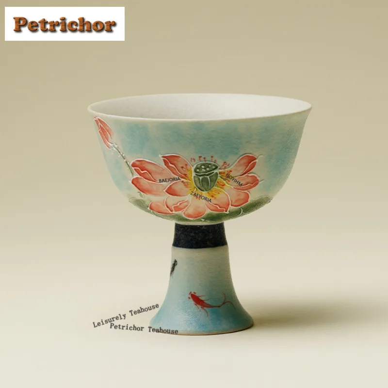 75ml Hand-painted Fish Playing With Lotus High-foot Teacup Vintage Tea Bowl Mug Tea-tasting Meditation Cup Chazhan Master Cups