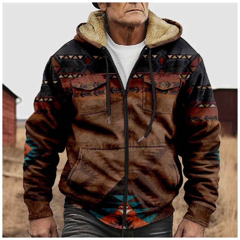 

New Christmas Cotton Coat Hooded Sweater Casual Print Men's Fur Loop Arctic Velvet Zipper Patch Pocket Hooded Sweater a06