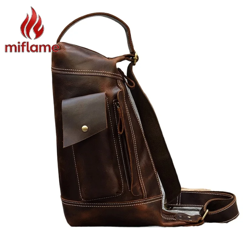 Men's Sling Bag Genuine Crazy Horse Cowhide Leather Large Capacity Multifunctional Crossbody Shoulder Bag Retro Travel