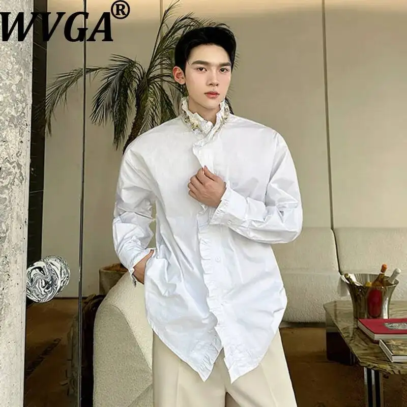 

WVGA Men's New Spring Sequined Diamonds Stand-up Collar Heavy-duty French Style Long Sleeve Shirts Niche Chic Casual Tops W23212
