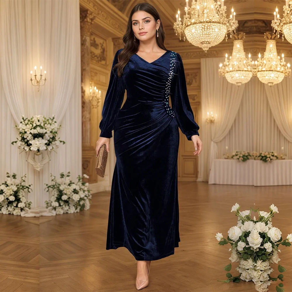 Back Zipper V Neck Dress Maxi Length Socialite with Rhinestone Accents Mermaid Silhouette Floor Length Mermaid Autumn for Women