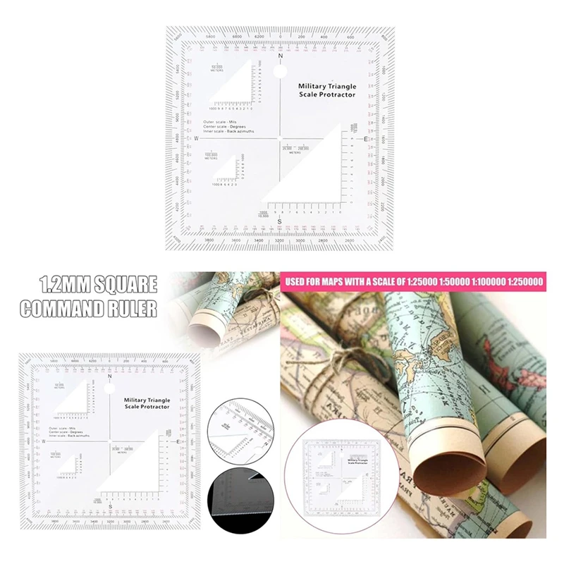 ABJI-Coordinate Scale Practical Transparent Topographical Map Scale Navigation Military Protractor