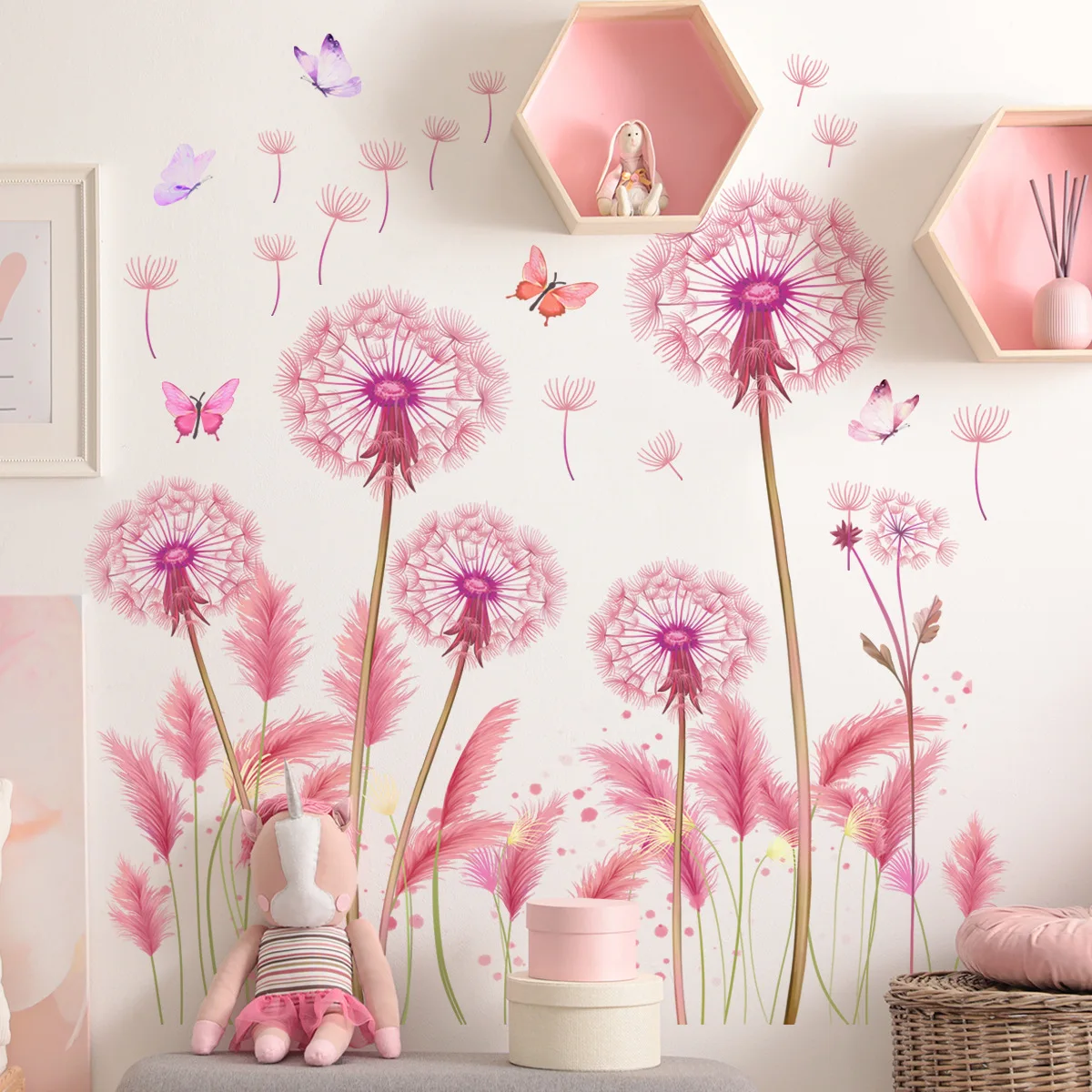 

Large Pink Dandelion Hydrangea Flower Butterfly Wall Sticker Living Room Bedroom Creative Decoration Self-Adhesive Wall Sticker