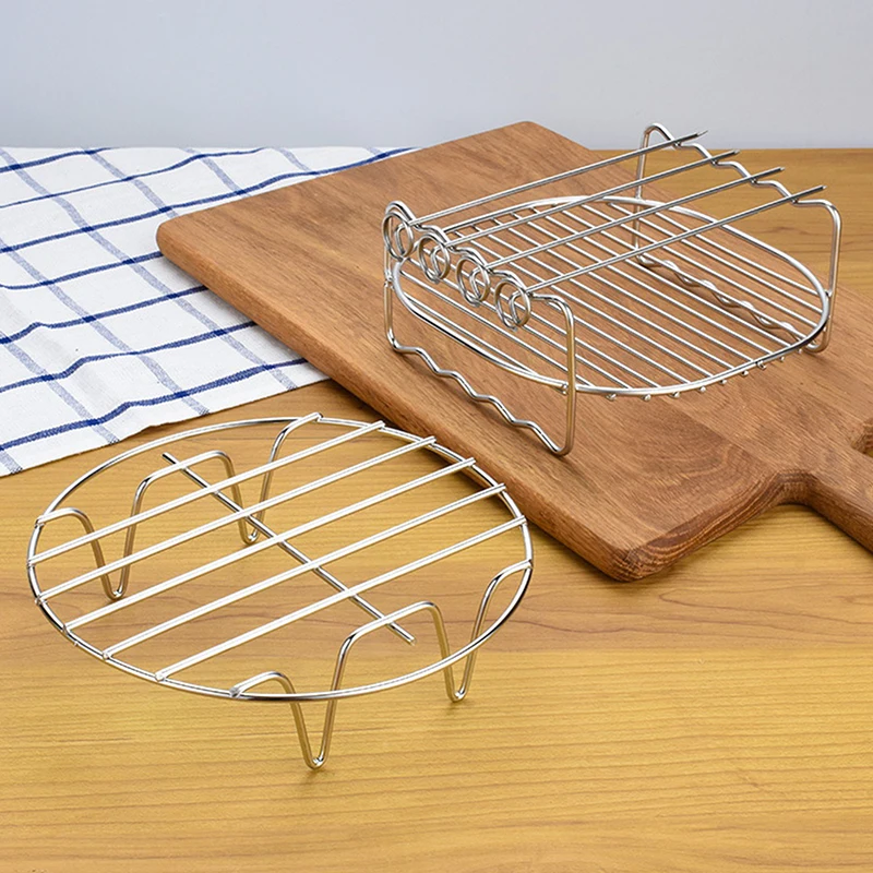 Stainless Steel Airfryers Double Layer Rack Versatile Round Roasting Rack Grill Rack With Skewers Baking Tray Airfryers Holder