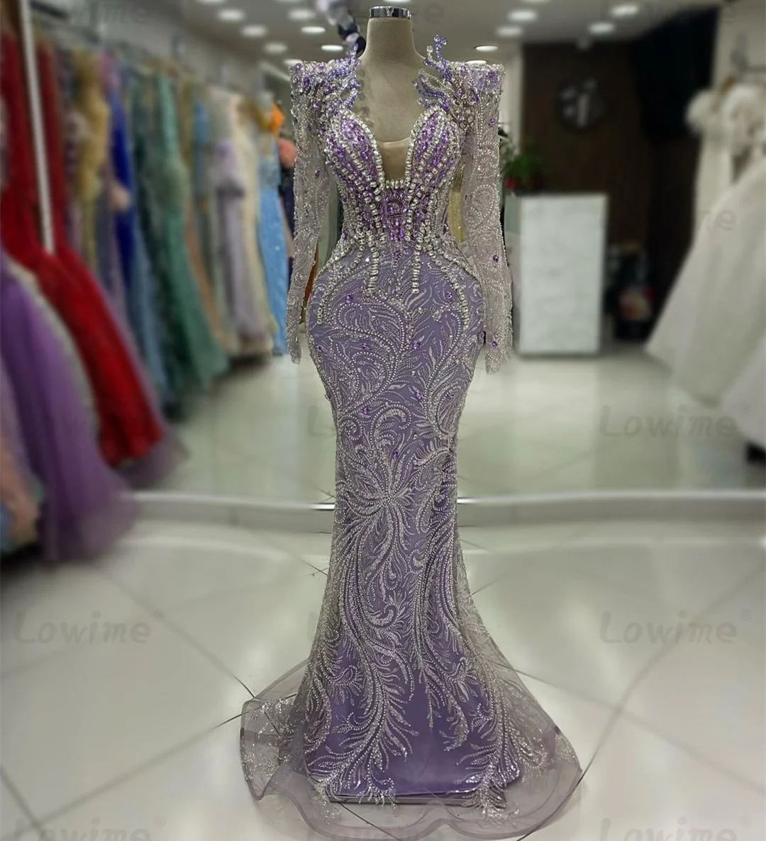 

Lilac Purple Long Sleeve Arabic Evening Dresses Customized Crystals Beaded Women's Wedding Night Prom Gowns Mermaid Party Dress