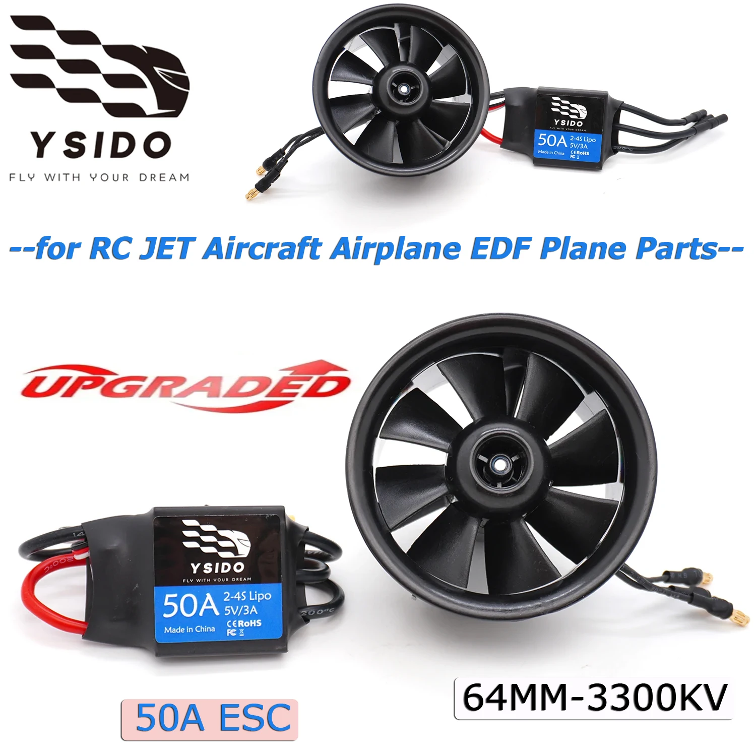 YSIDO DIY EDF Ducted Airplane Fan 64mm 3300KV with Brushless Motor 50A ESC Combo Set for RC Helicopter Jet Aircraft Plane Parts
