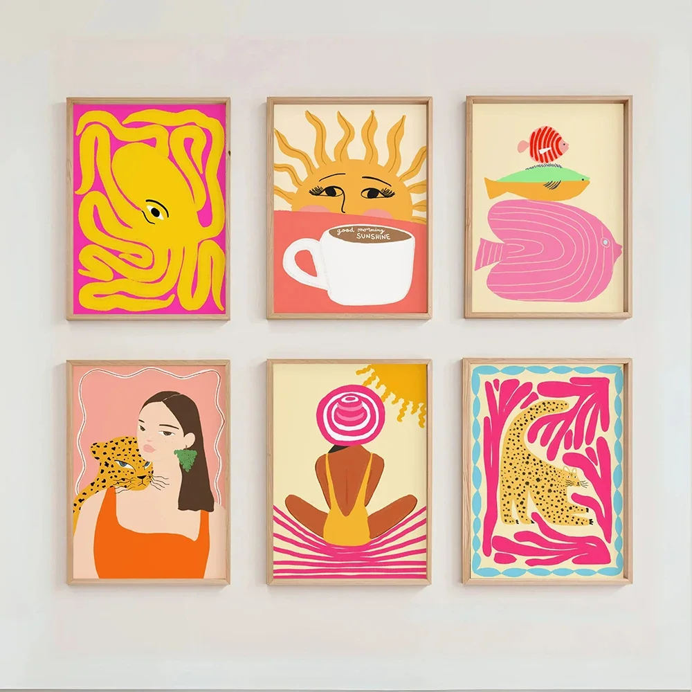Juego de 6 impresiones artísticas de pared costeras de verano, carteles de pulpo de peces abstractos de verano coloridos y vibrantes, decoración para sala de estar y casa playera