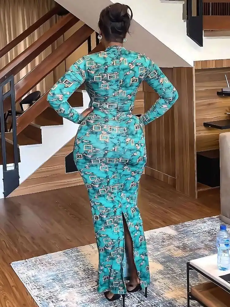 Abiti stampati per le donne Guaina collo mezzo alto tagliato manica lunga alla caviglia blu Ral abiti da sera aderenti sexy da sera