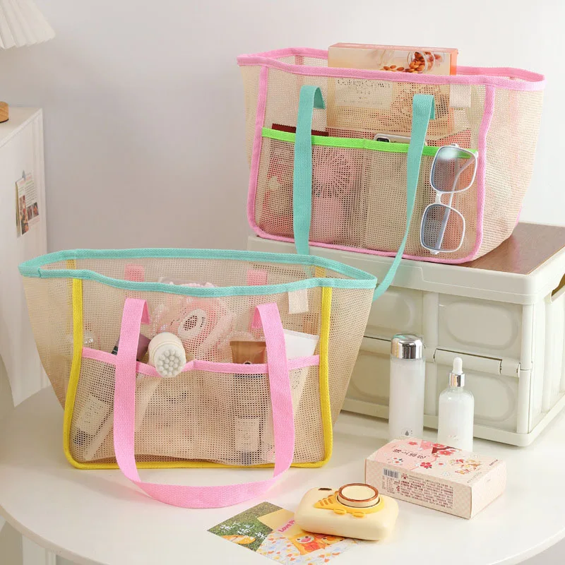 Large Capacity Mesh Beach Bag Handheld Swimming Bathing Dripping Korean Style Travel Storage Bag Multi Purpose Nylon Cube Shape
