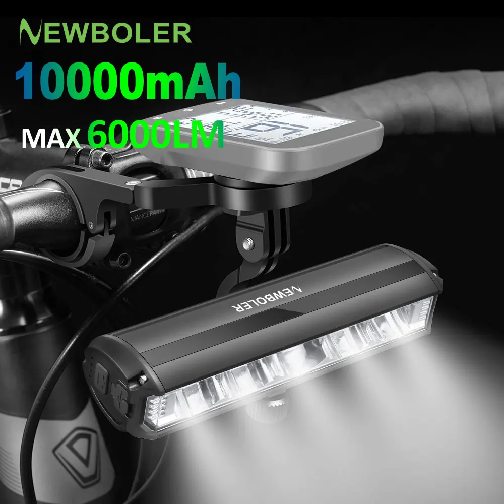 NEWBOLER 자전거 라이트 전면 6000 루멘, 10000mAh 방수 손전등, USB 충전, MTB 도로 사이클링 램프 액세서리