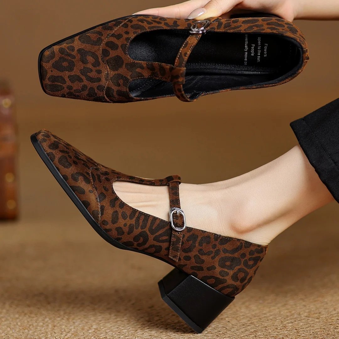 Women's leopard natural suede leather t-strap slip-on pumps 5cm thick med heel elegant ladies OL style dress heeled shoes woman