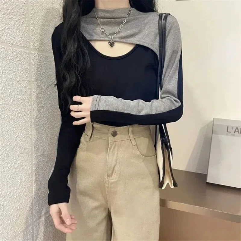 New Contrast Patchwork Hollow Out Casual T Shirts Spring Autumn Long Sleeve Slim Youth Sexy Tops Tees Fashion Y2K Women Clothing