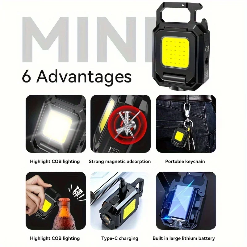 COB LED Flashlight 90° Rotate Multifunctional XPE 5 Modes Keychain Work Light Portable Camping Lantern USB Charging for Outdoor