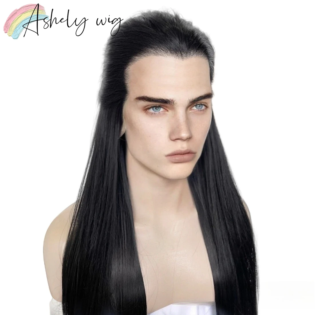 

Black Lace Front Wig for Man Long Straight Hair Wigs Natural Hairline Cosplay Wigs High Temperature Fibers Synthetic Lace Wigs
