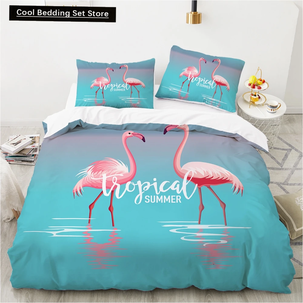 

Animal Flamingo King Queen Duvet Cover Cartoon Pink Tropical Bird Bedding Set for Kids Teens Aduls Blue Soft 2/3pcs Quilt Cover