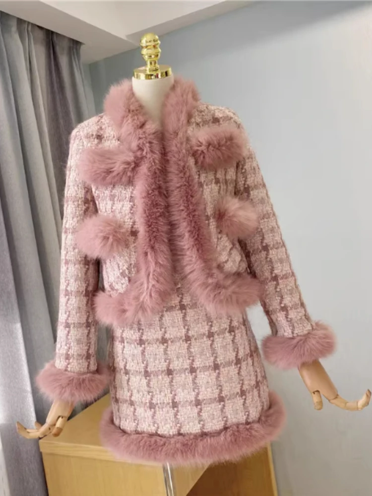 Moda elegante abito rosa donna 2023 autunno inverno cuciture addensate cappotto corto + gonna a trapezio dolce pendolarismo in due pezzi