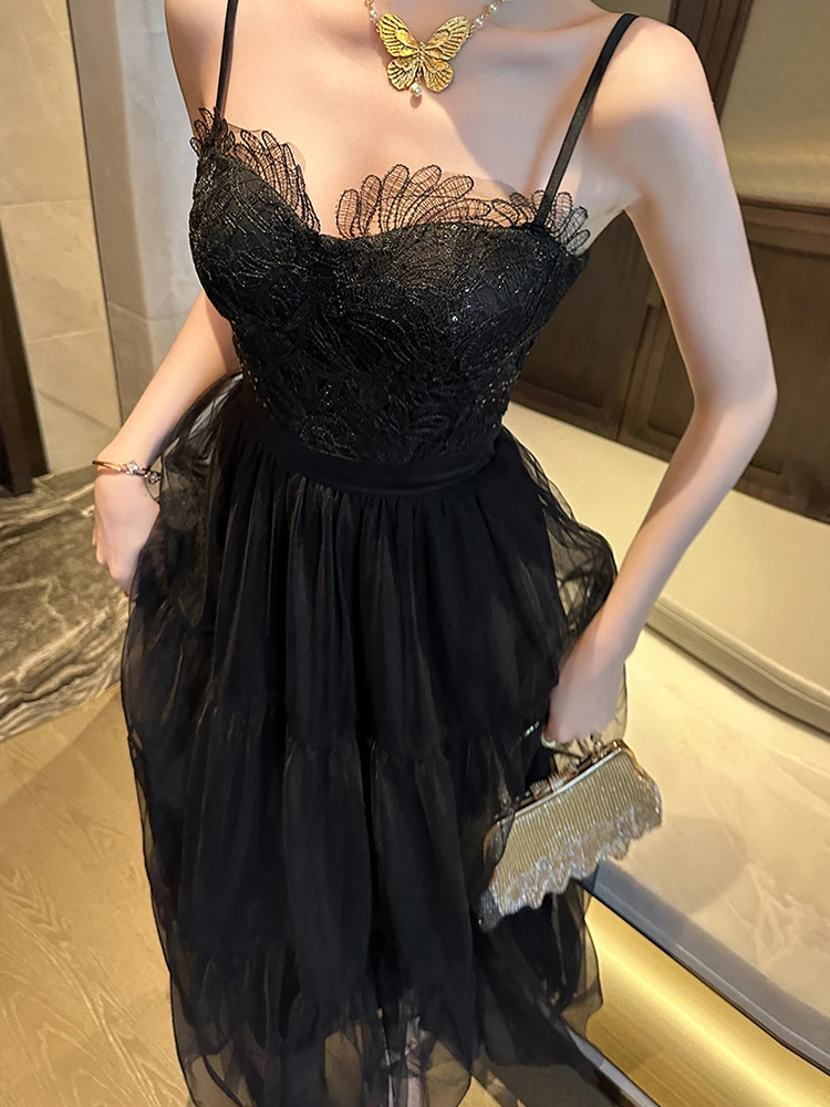 Birthday Black Mesh Evening Dress Women Clothes Celebrity Sling Swing Long Gown Maxi Robe Party Club Vestidos Fiesta