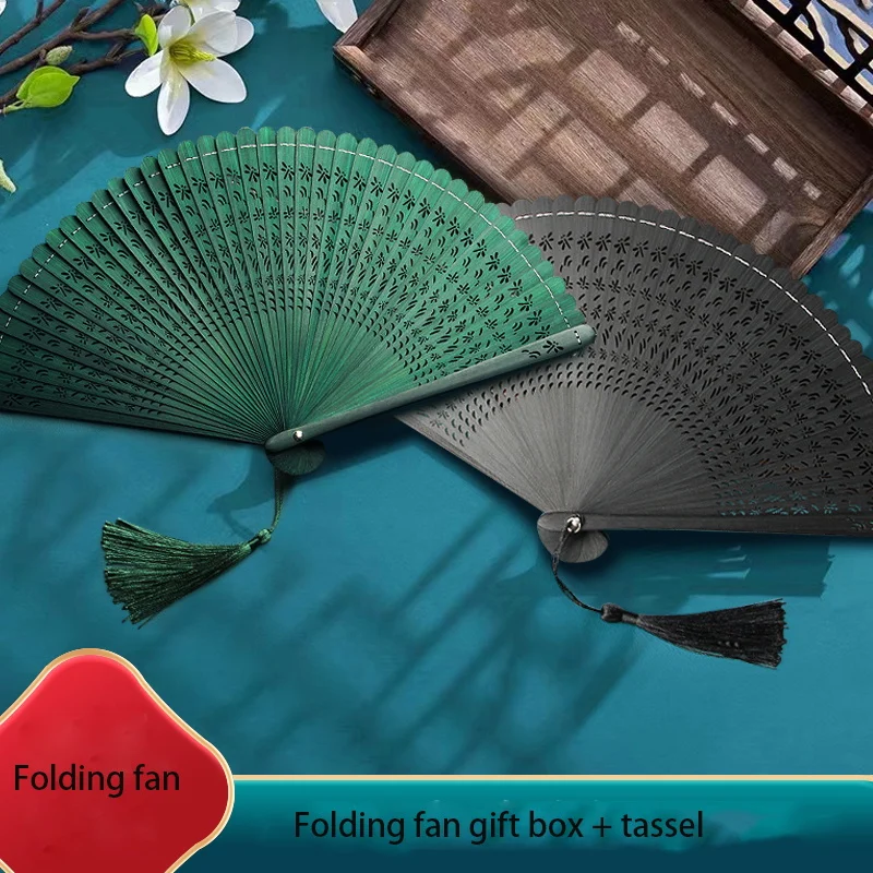 

Chinese Style Folding Fan Cheongsam Hanfu Dance Show Fan Summer Cool Bamboo Fan Carry-on Craft Fan Gift Fan Tassel Gift Box