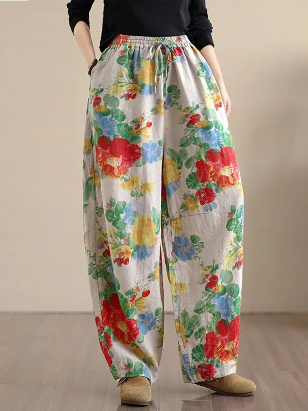 2025 nuevos pantalones Harlan informales Retro de talla grande para mujer, pantalones de lino y algodón, pantalones Harlan con estampado Floral de cintura alta para otoño