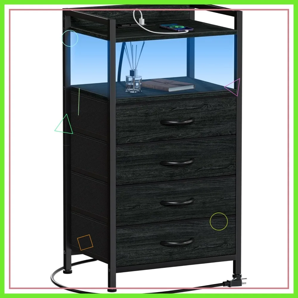 

Современная тумбочка с зарядной станцией, светодиодной подсветкой, ящиками и ящиками для хранения в спальне, прочный металлический каркас