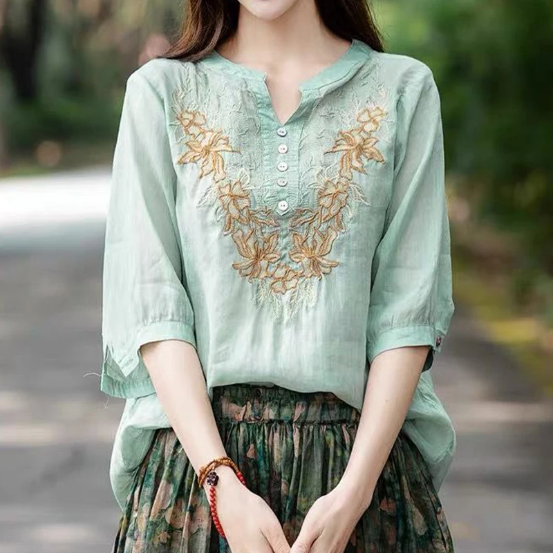 Women\'s Vintage Embroidery Chic Elegant Cotton Linen Shirt Summer Solid V-neck Short Sleeve Loose Blouse Blusas Mujer Moda 2023