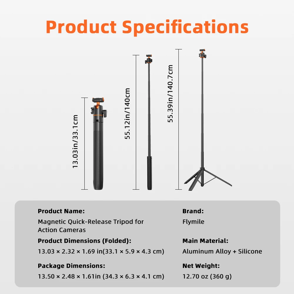 Flymile Magnetisches Schnellwechsel-Stativ für (DJI Osmo Action 6/Nano) oder (Osmo 360/Action 5 Pro/4/3), 1,4M Ausziehbarer Selfie-Stick – Detail 13