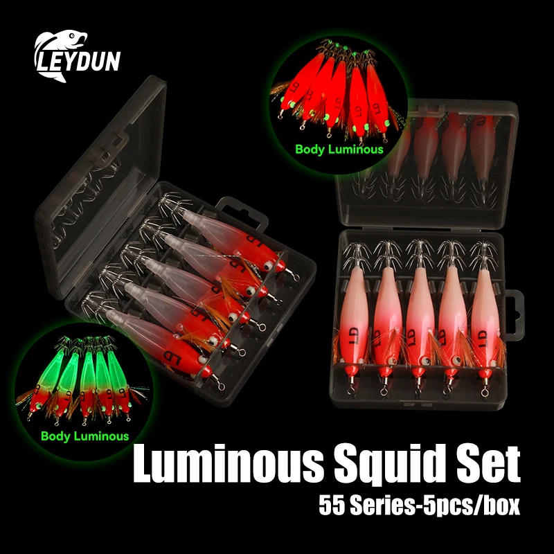    LEYDUN 5 قطعة/مجموعة مضيئة العين الأفقي خطاف الحبار الخشب الروبيان الحبار الأحمر والأخضر مضيئة BKK هوك الحبار الروبيان الطعوم