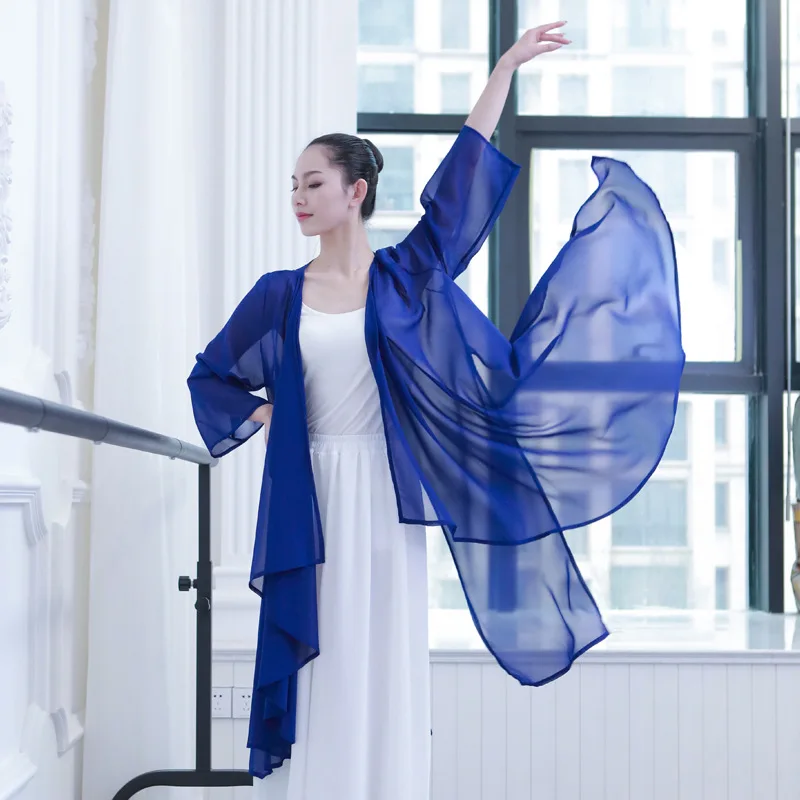 Classical Dance Blouse Dance Training Long Cardigan Practice Costume Women Elegant Chiffon Hem Split Tops Modern Dance Shirts