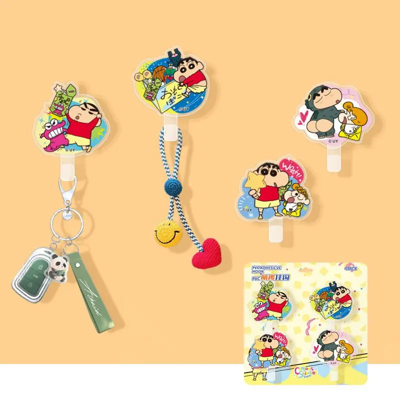 4PCS Crayon Shin Chan Hook Strong Adhesive Hook Traceless Adhesive No Punching Hole Cartoon Cute Adhesive Behind The Door Hook