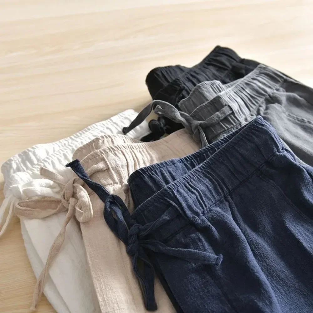 

Men's Cotton Linen Casual Pants Baggy Streetwear Men Joggers Sports Trousers Solid Color Long Straight Trendy Pants For Men