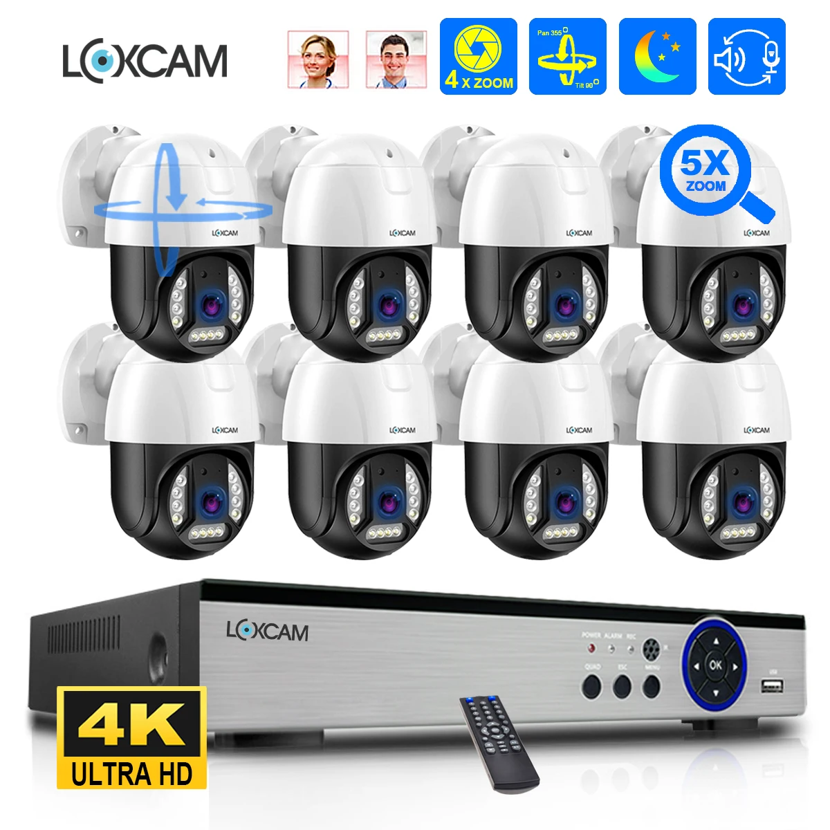 XMEYE 4K PTZ 5X Zoom 2.7-13mm Security Camera System 8MP PoE Face Detection Two Way Audio 50m Color Night Video Surveillance Set